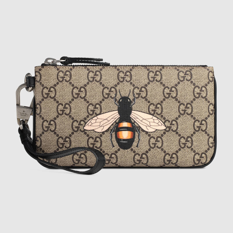 522866 Gucci男包 高級人造帆布 Gucci錢包 蜜蜂印花 Gucci手拿包 烏木色