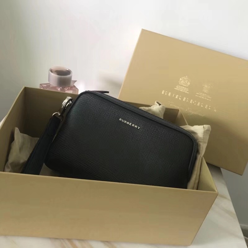 Burberry新款男包 小牛皮十字紋 巴寶莉手拿包 多功能手包 黑色