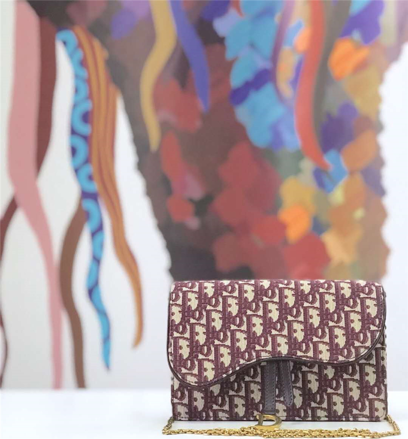 M5620 Dior Oblique女包 提花帆布 迪奧鏈條包 Dior手拿包 酒紅色