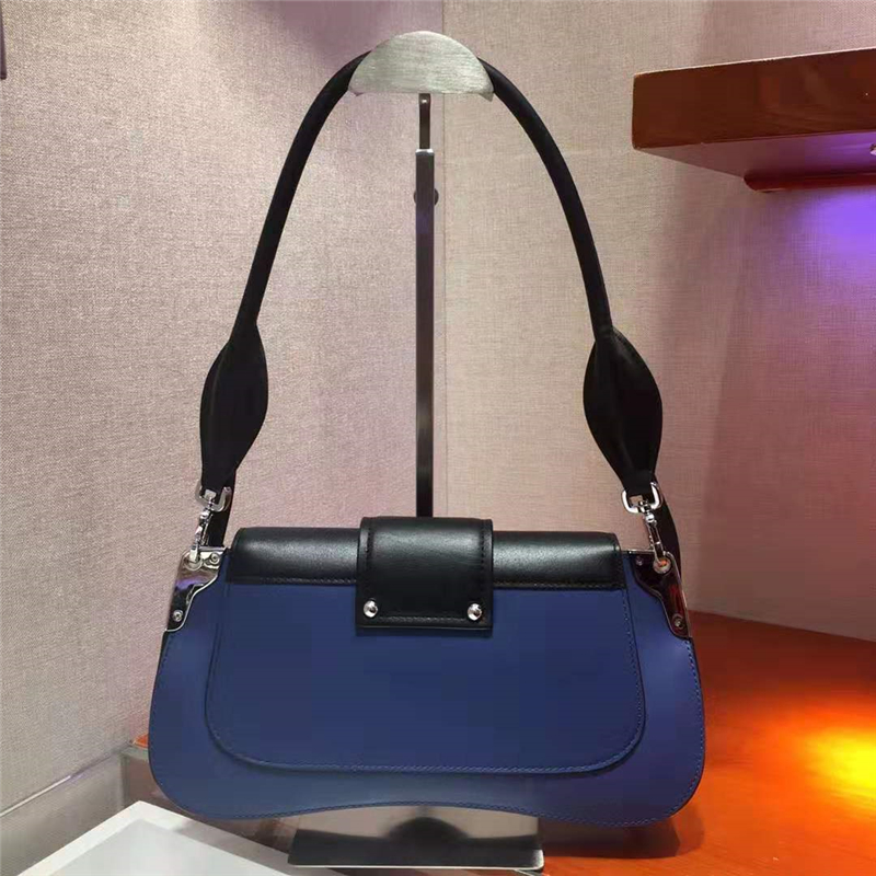 1BD168 Prada Sidonie女包 小牛皮 拼色翻蓋 皮革單肩包 藍色