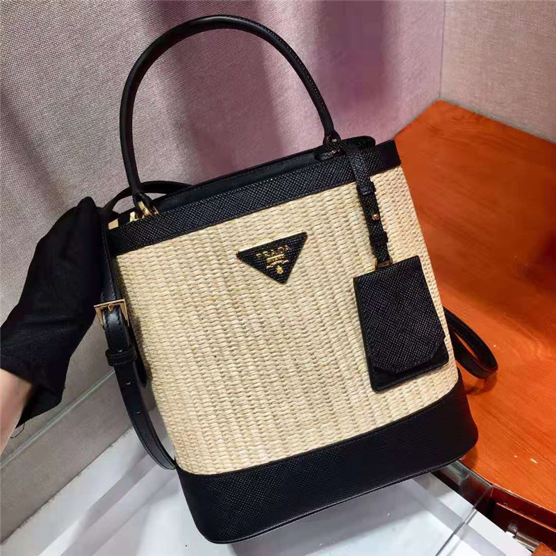 1BA212 Prada Panier 纖維編織 Prada手工編織 普拉達(dá)手提袋 黑色